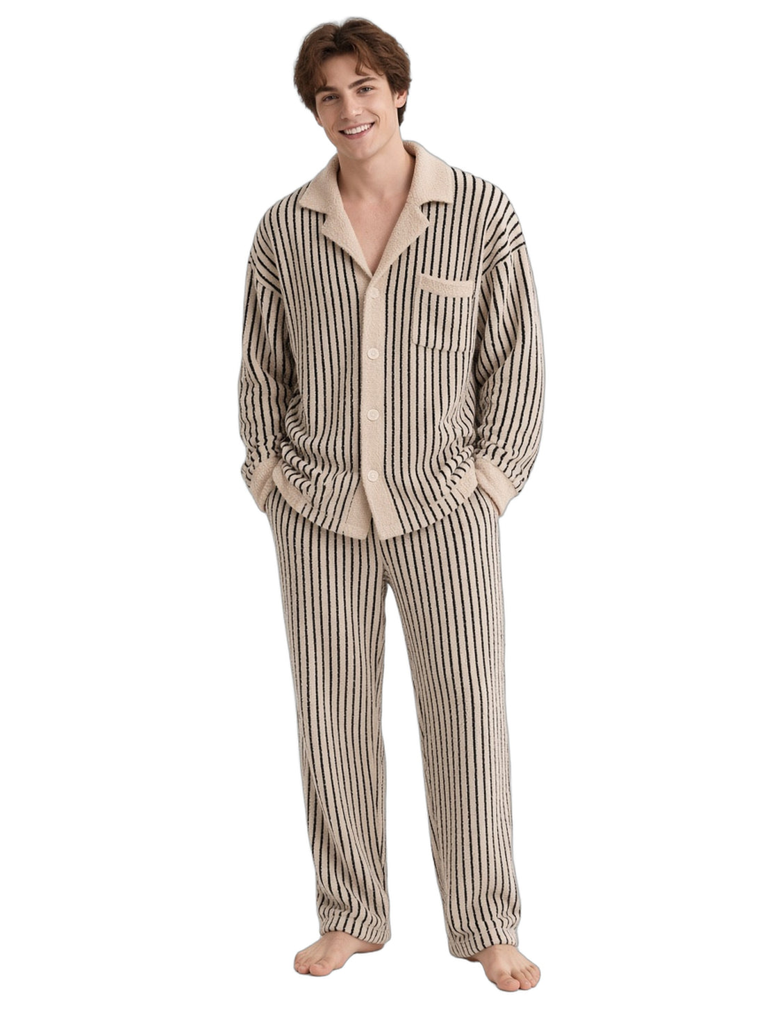 Young Caucasian man Cream Black Stripe fleece white studio barefoot