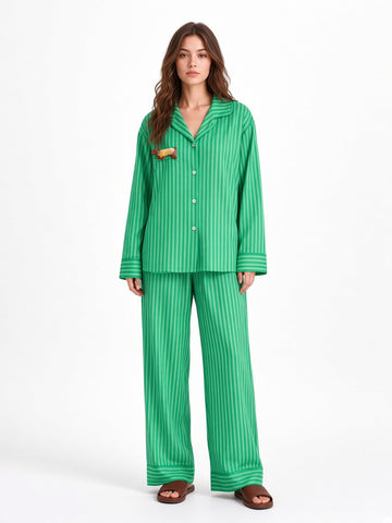 Green Stripe Dachshund Soft Tencel pajama set white studio 1
