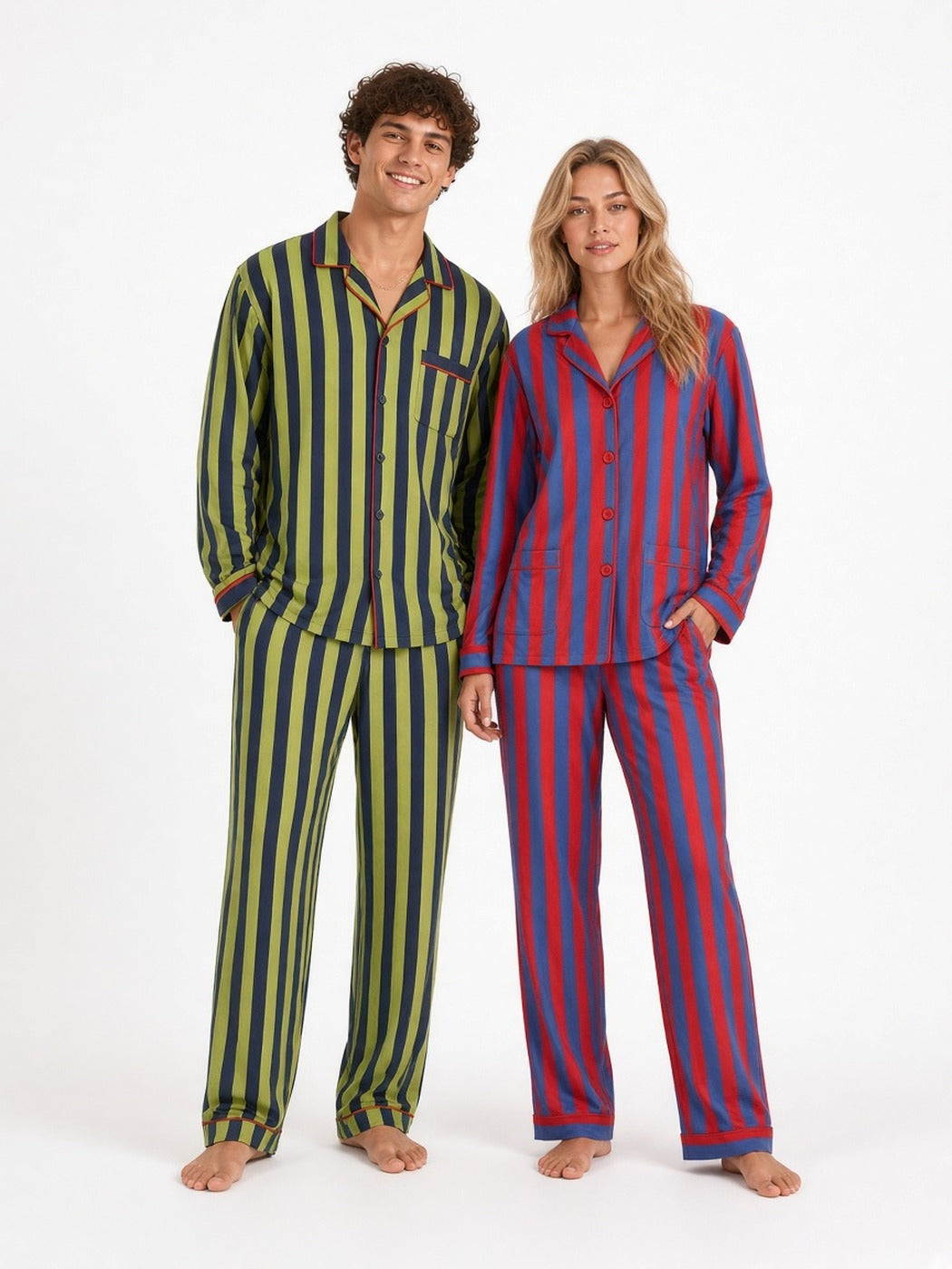 Red-Blue Soft Tencel couple standing white studio