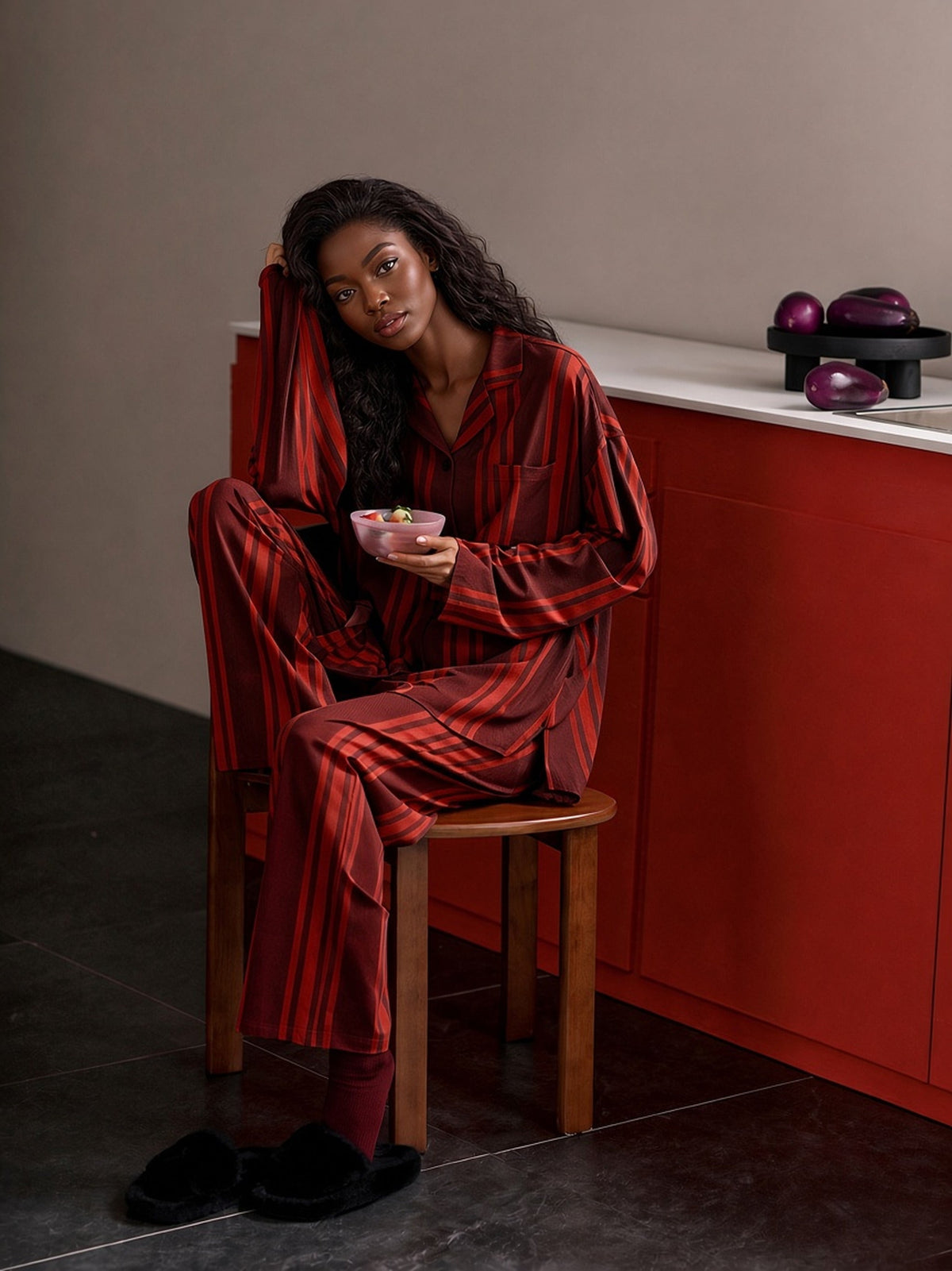 Haitang crimson stripe pajama set lifestyle