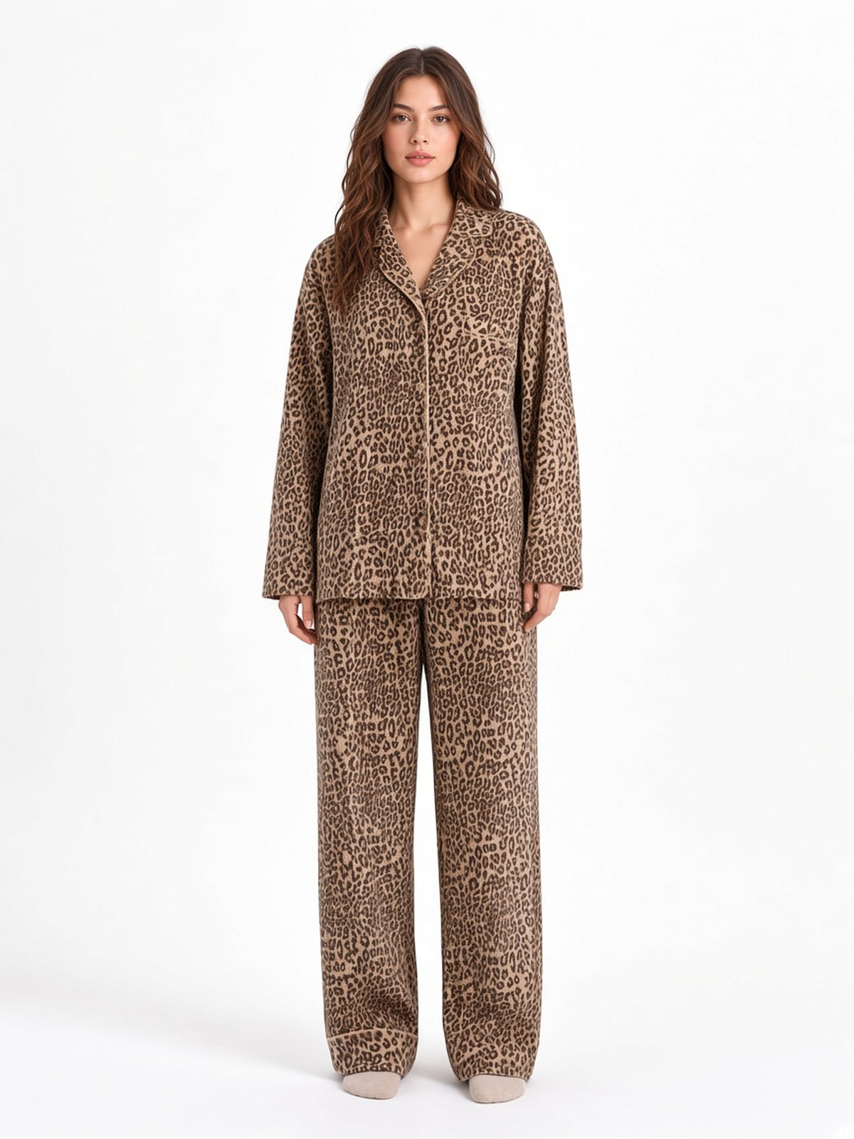 Apricot leopard soft fleece pajama set white studio 1