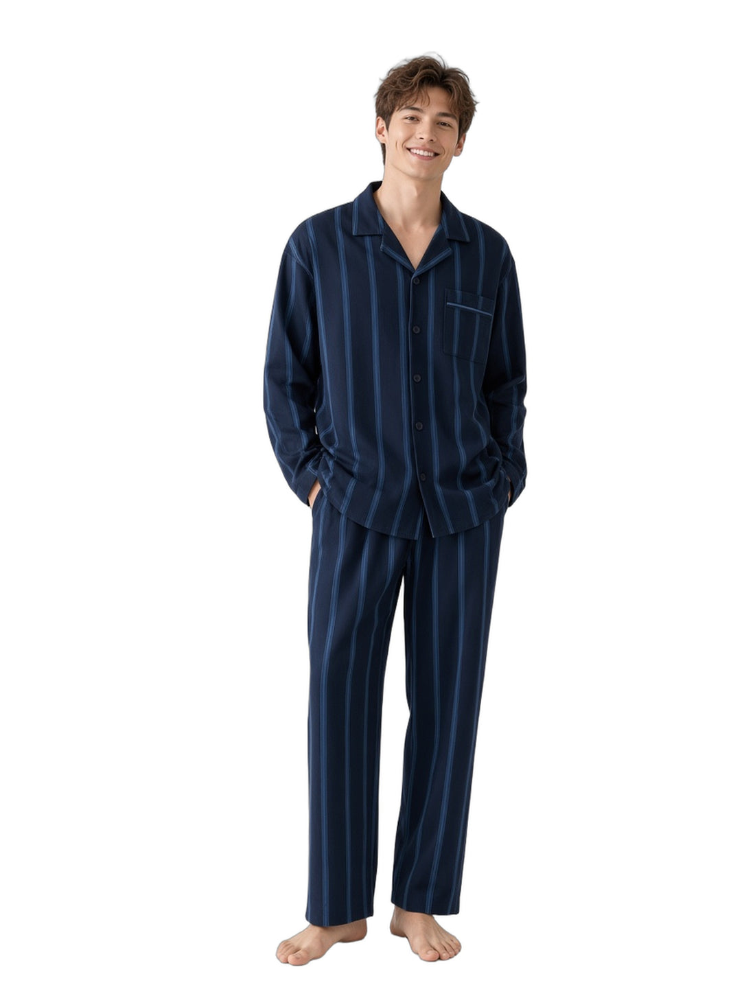 Young Caucasian man Ink Navy Stripe white studio barefoot