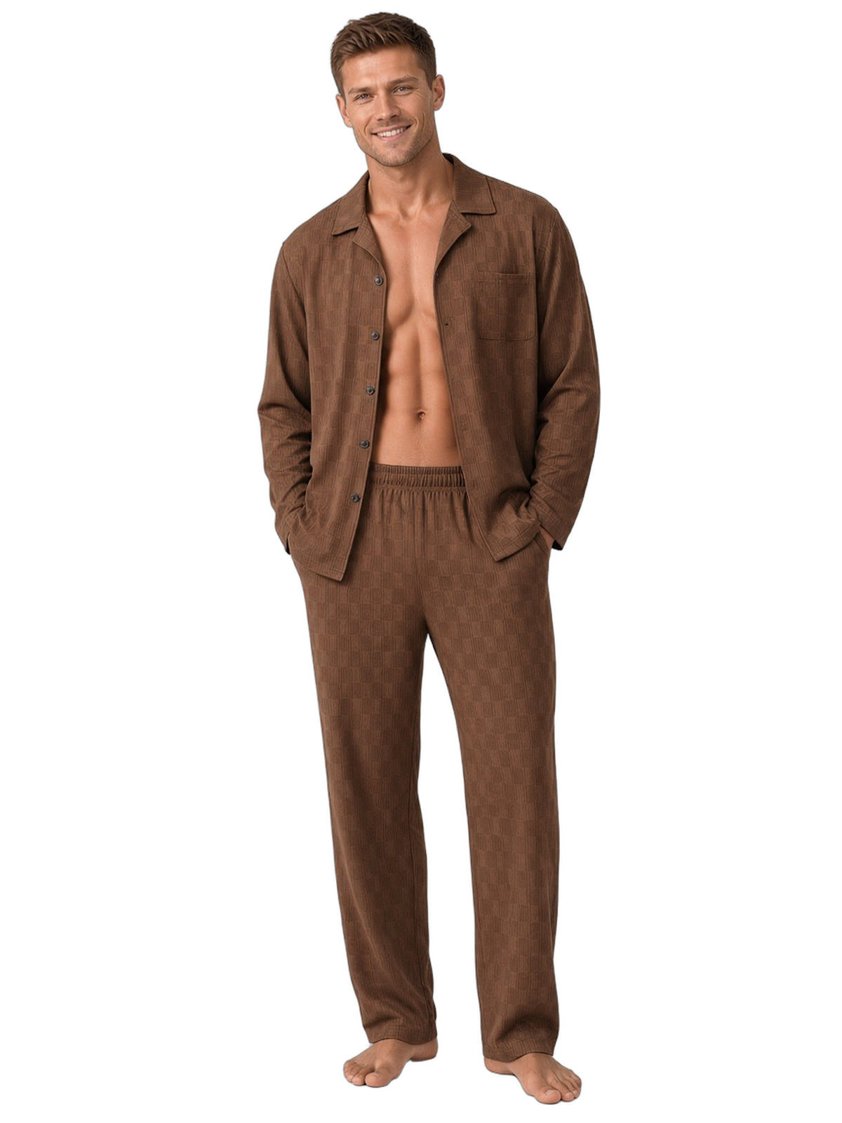 Young athletic Caucasian man Cocoa Palm Check white studio barefoot