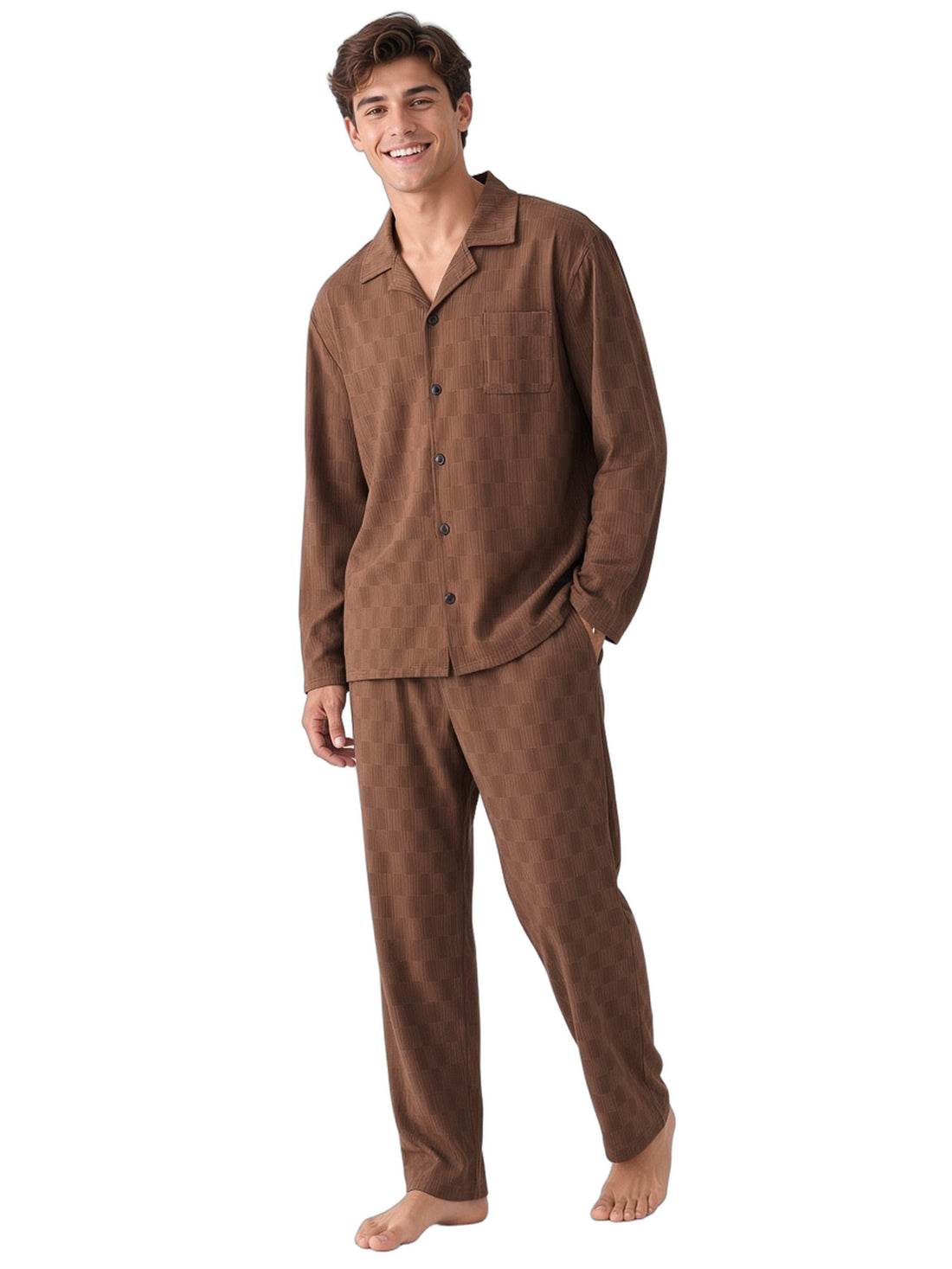 Young Caucasian man Cocoa Palm Check white studio barefoot