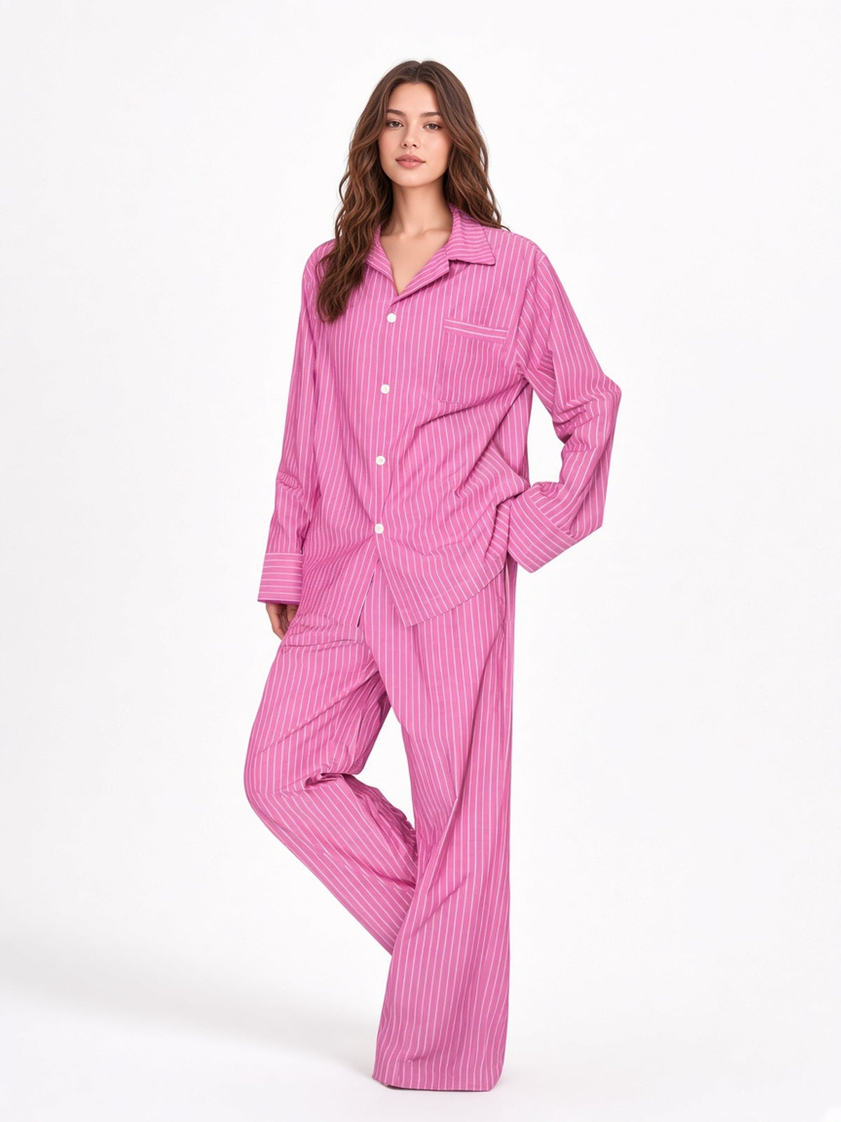 Pink-Purple Stripe Soft Tencel pajama set white studio 1