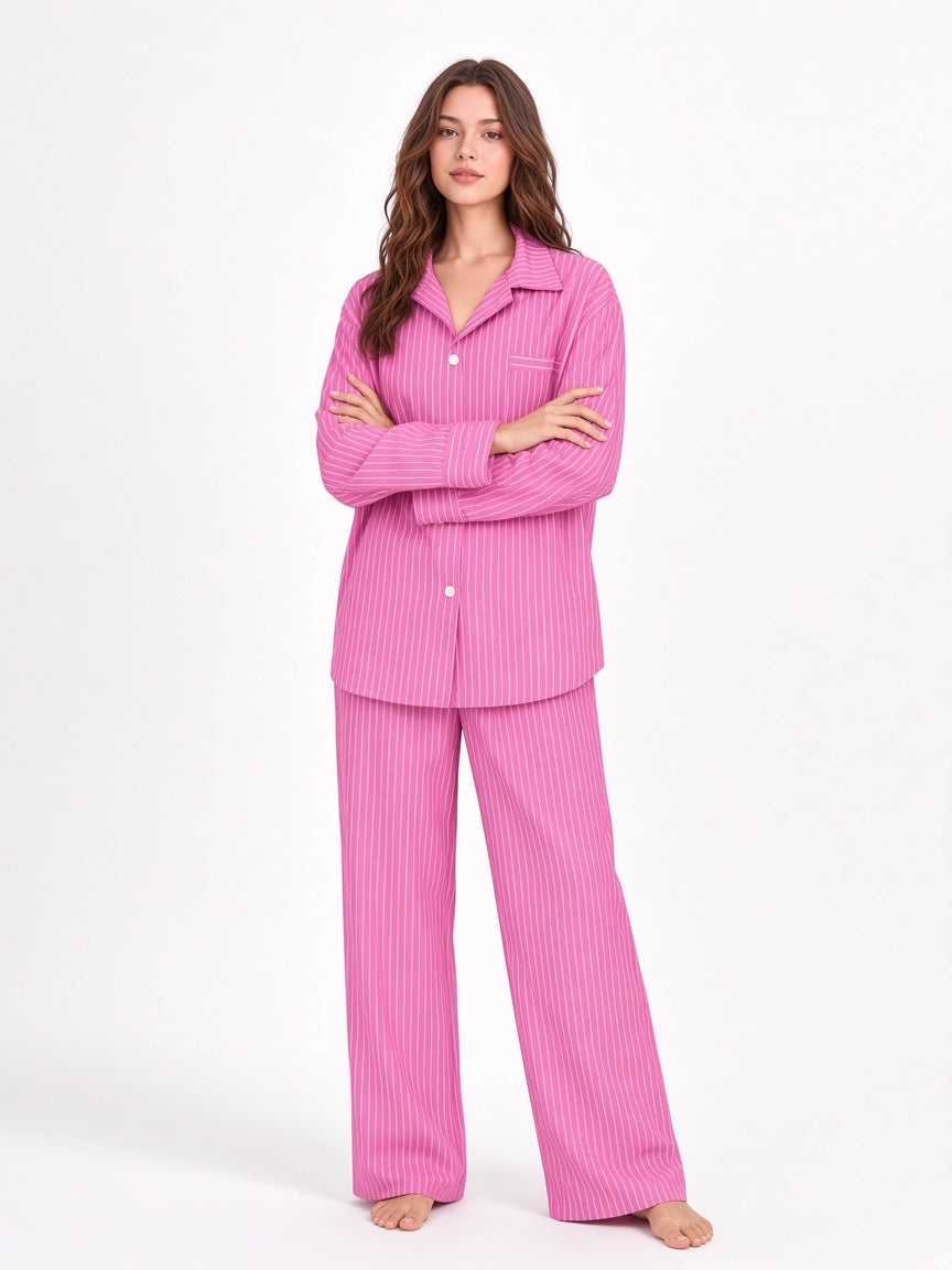 Pink-Purple Stripe Soft Tencel white studio pose 4